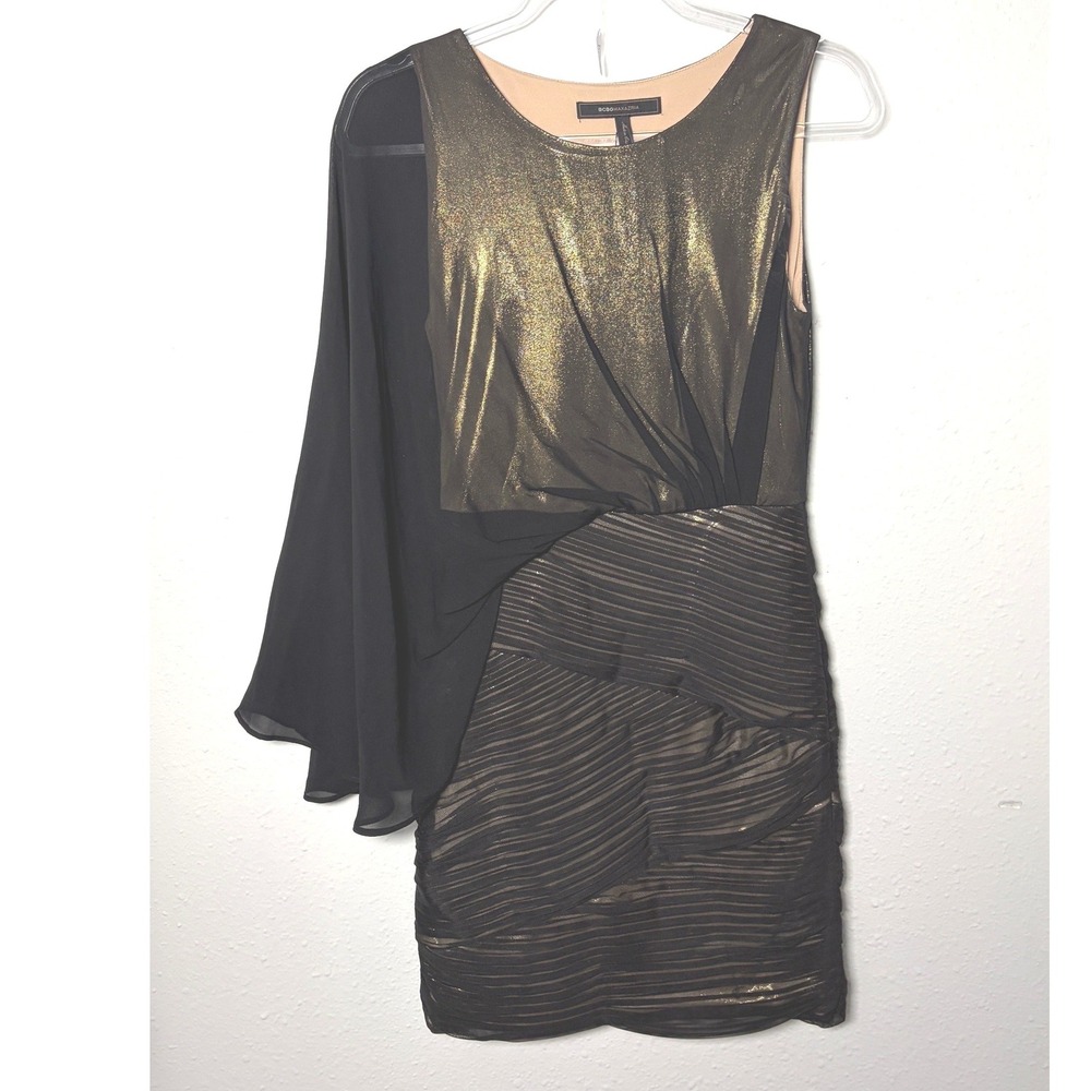 BCBGMAXAZRIA Gold Metallic Asymmetrical One Sleeve Tiered Mesh Mini Dress S